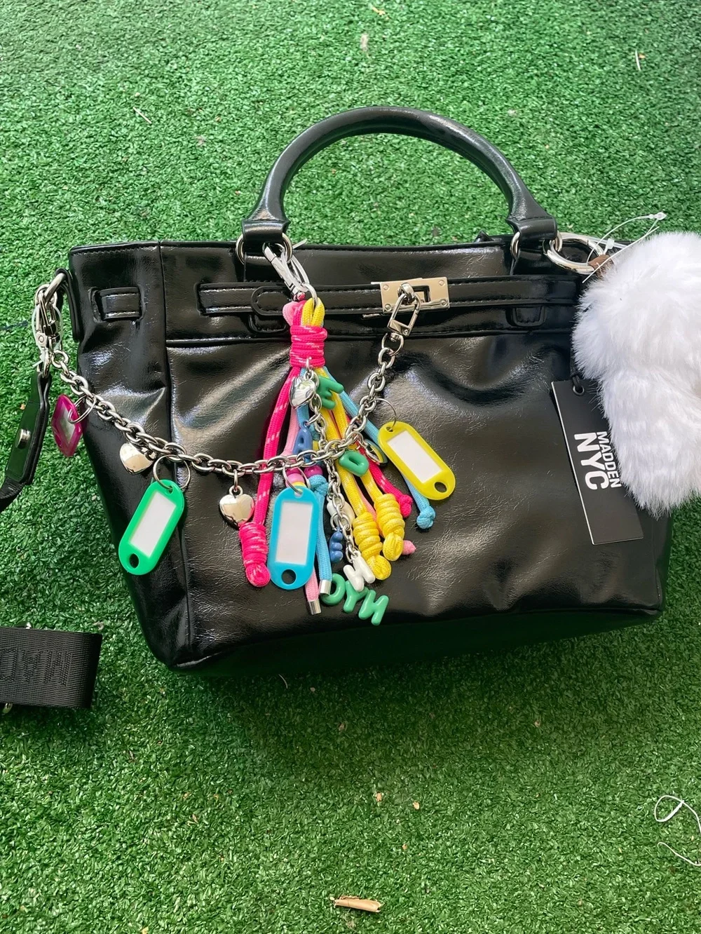 Black Structured Satchel Handbag with Colorful Charm Accents